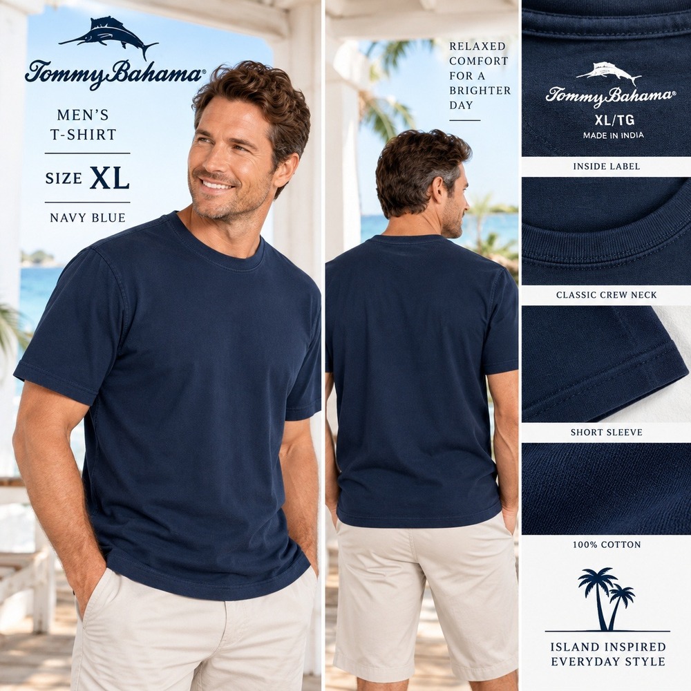 TOMMY BAHAMA Mens XL Navy Blue Classic Crew Neck Short Sleeve Cotton TShirt 1909
